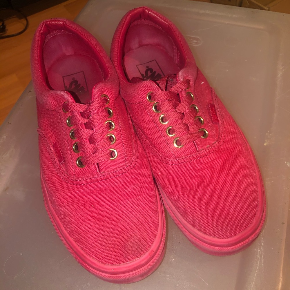 All Red Classic Vans with gold accents